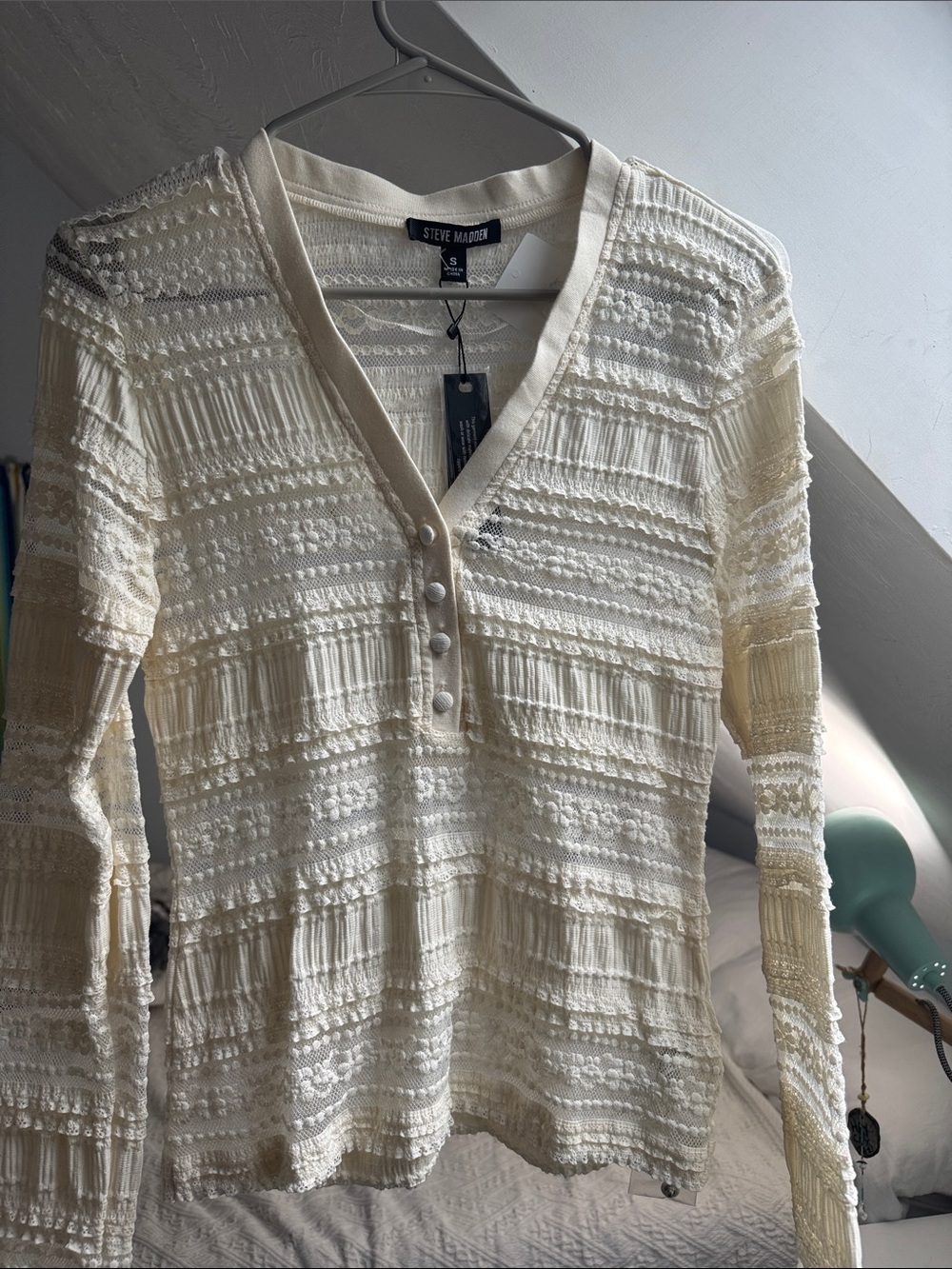 Steve Madden Cream lace Henley Long Sleeve Top
